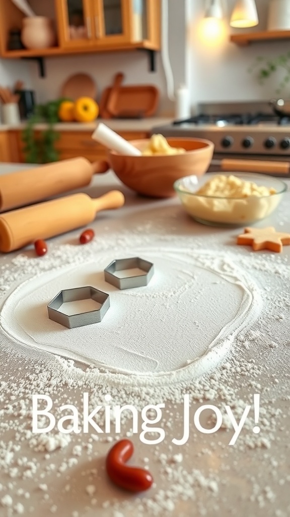 Baking surface with flour, rolling pin, cookie cutters, and dough in a cozy kitchen.